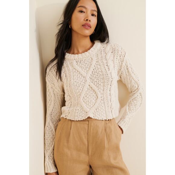 Free People Cutting Edge Cable Knit Pullover Sweater Cream Sz Small - Picture 2 of 10